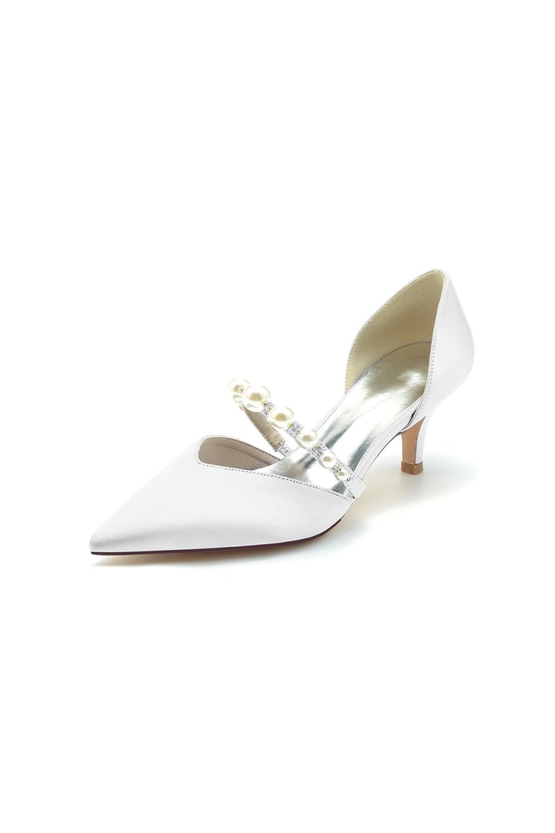 Elegant Satin Pointed Toe Heels with Pearl Strap - KissProm