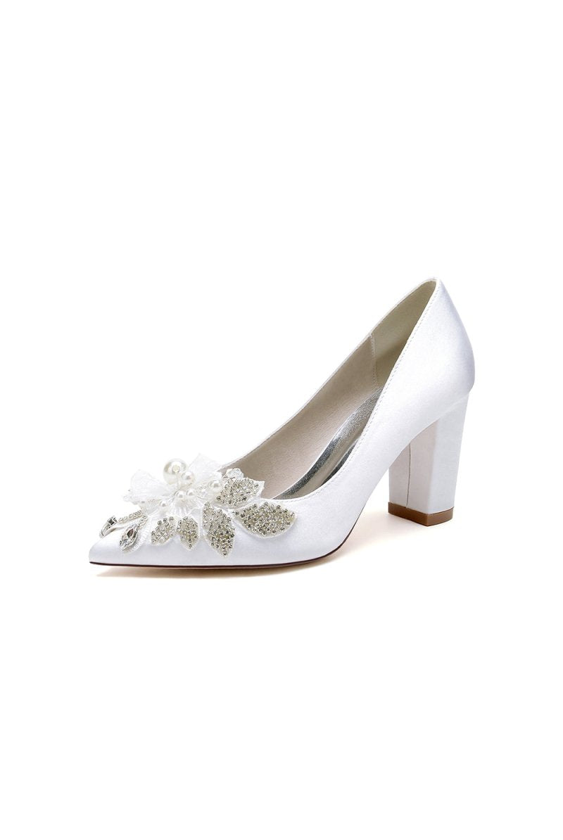 Floral Beaded Pointed Toe Chunky Heel - KissProm