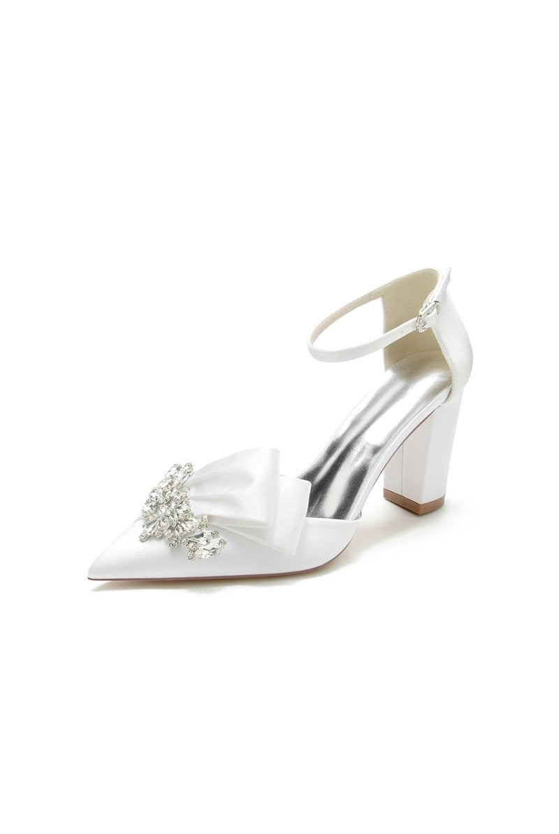 White Satin Heels Featuring a Large Decorative Bow and Metallic Heel - KissProm
