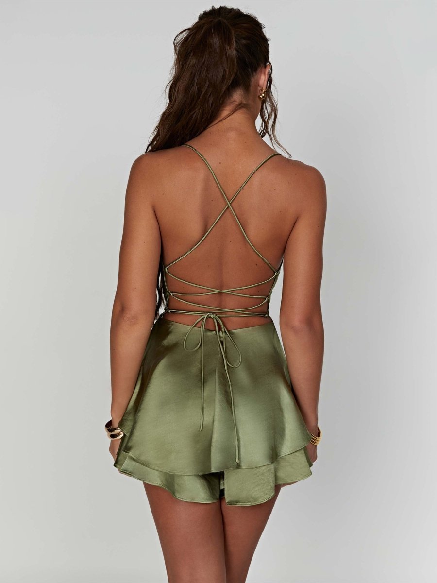 Naevira | Sage - A Line Cowl Neck Satin Short Homecoming Dresses