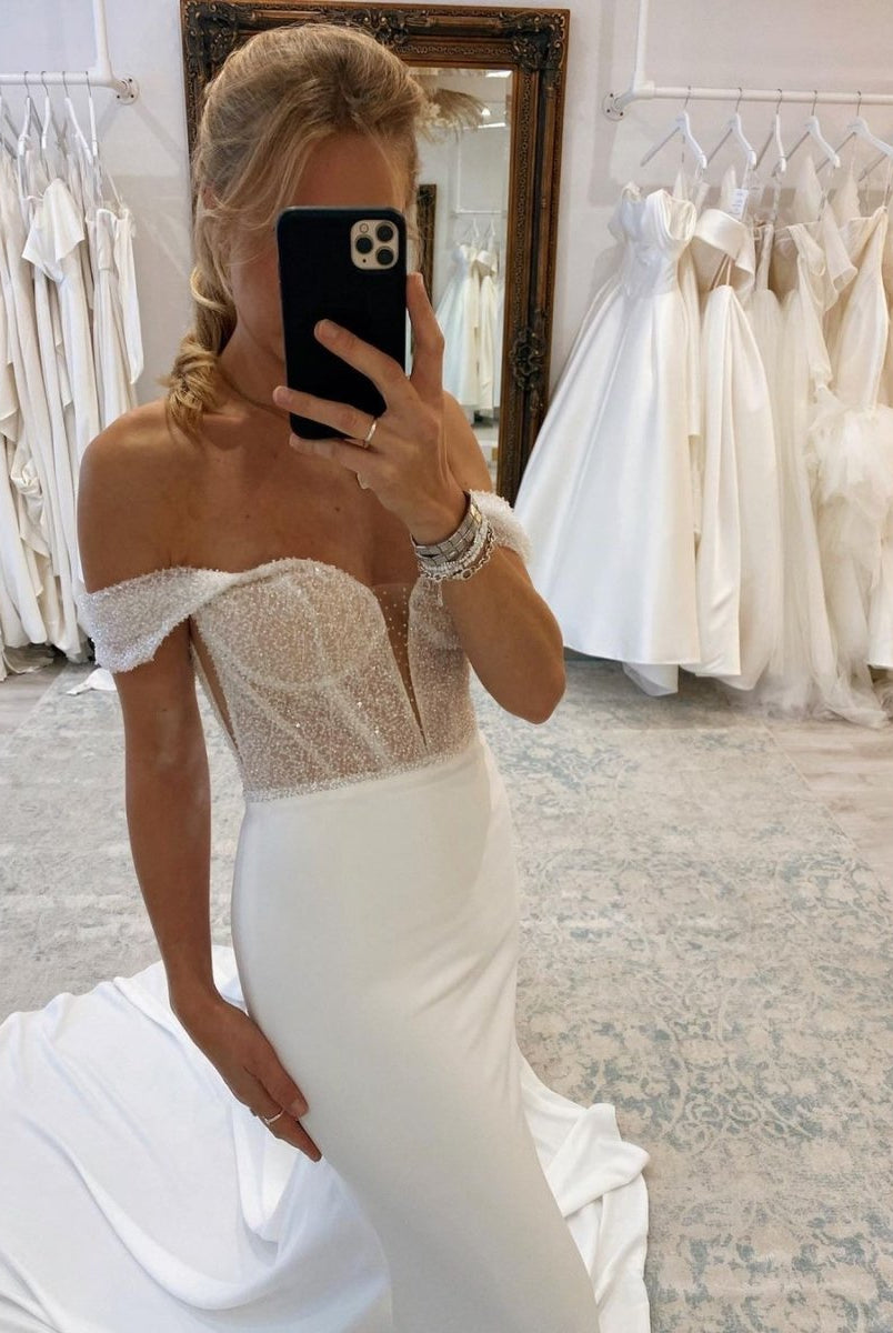 Charming Mermaid Off the Shoulder Satin Long Wedding Dresses with Sequins