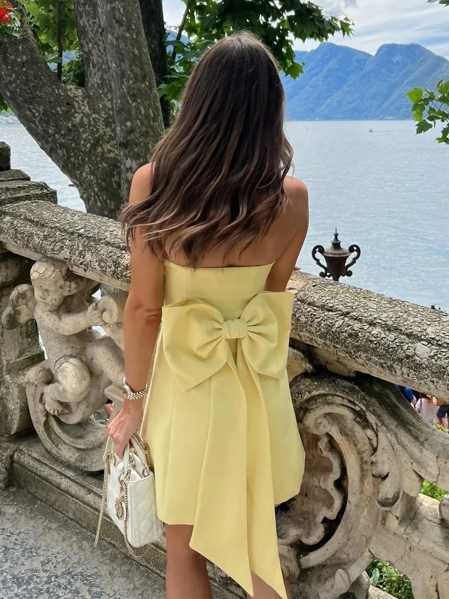 Dali | Yellow - Strapless Sheath Satin Short Cocktail Dresses With Bow