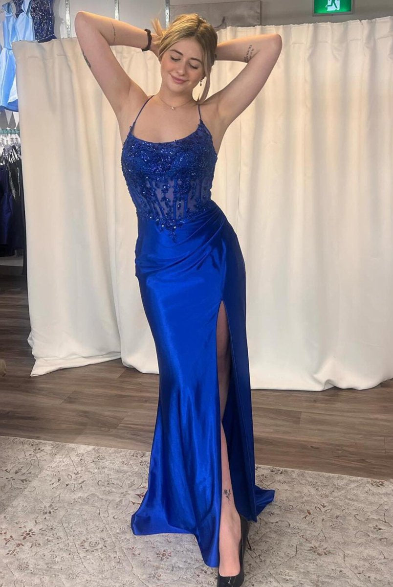 Dallas | Green Sheer Appliques Satin Mermaid Long Prom Dress