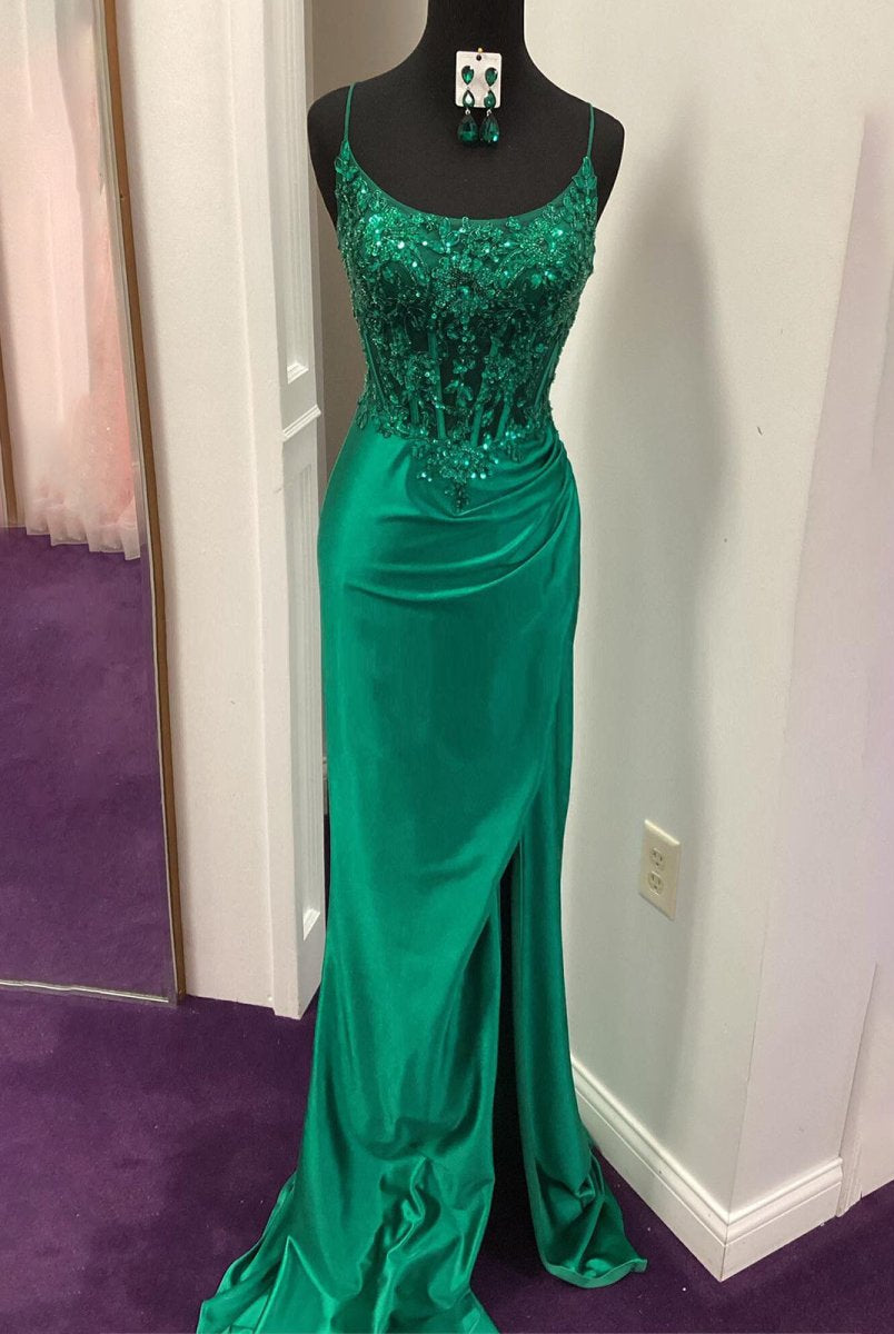 Dallas | Green Sheer Appliques Satin Mermaid Long Prom Dress
