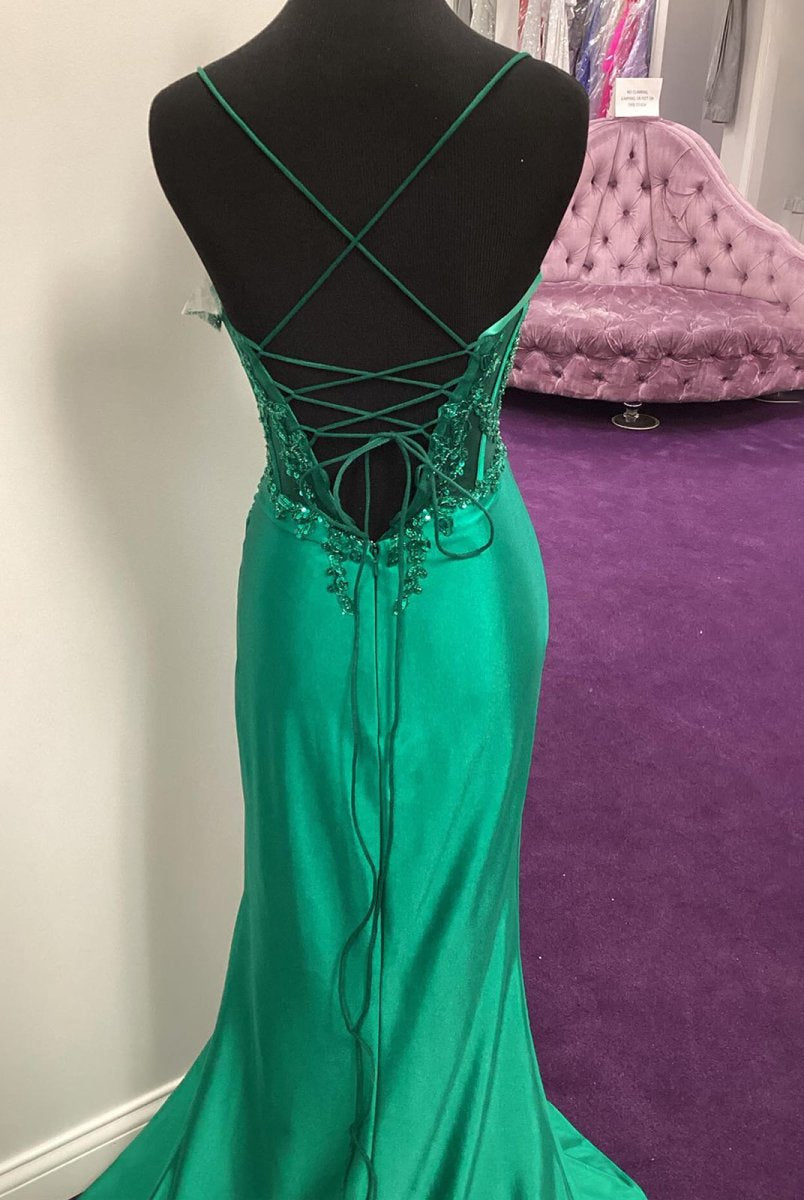 Dallas | Green Sheer Appliques Satin Mermaid Long Prom Dress