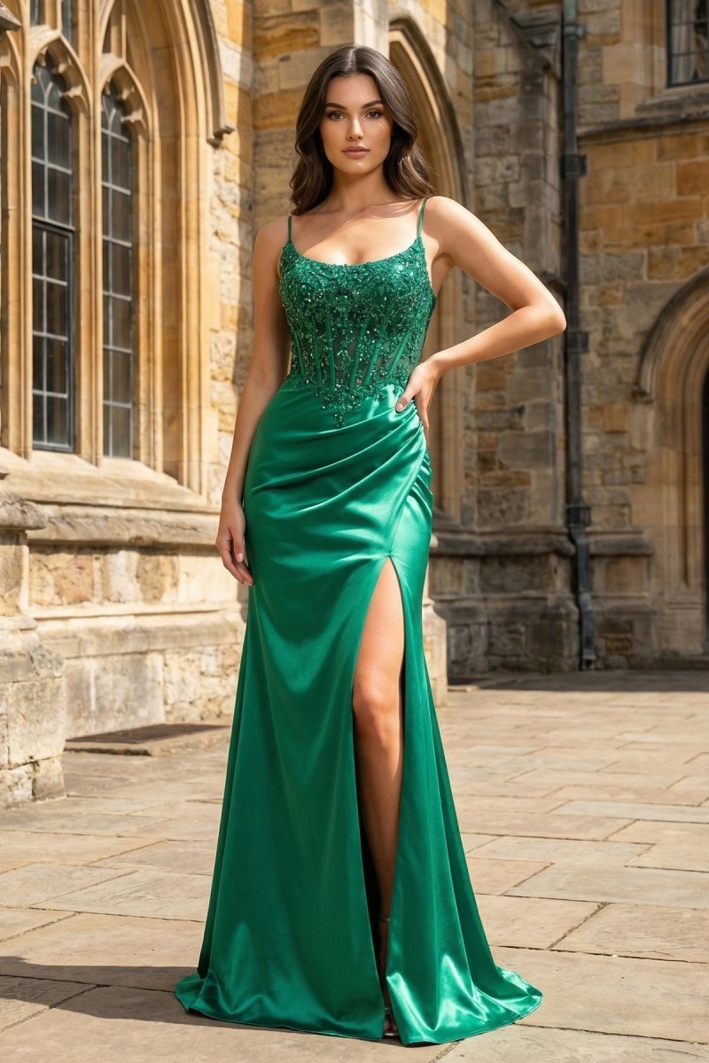 KissProm Green Sheer Appliques Satin Mermaid Long Prom Dress, Navy Blue / 6