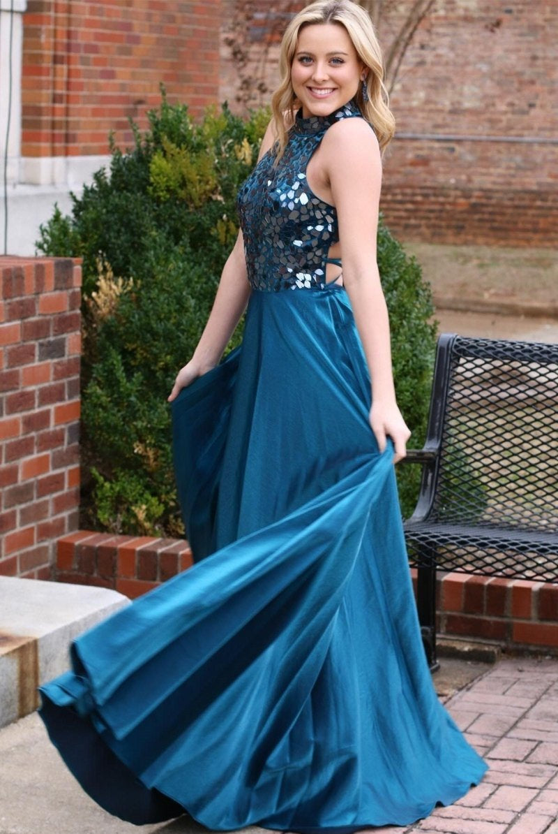Dalley | Teal Cut Glass Mirror Halter Long Formal Dress - KissProm