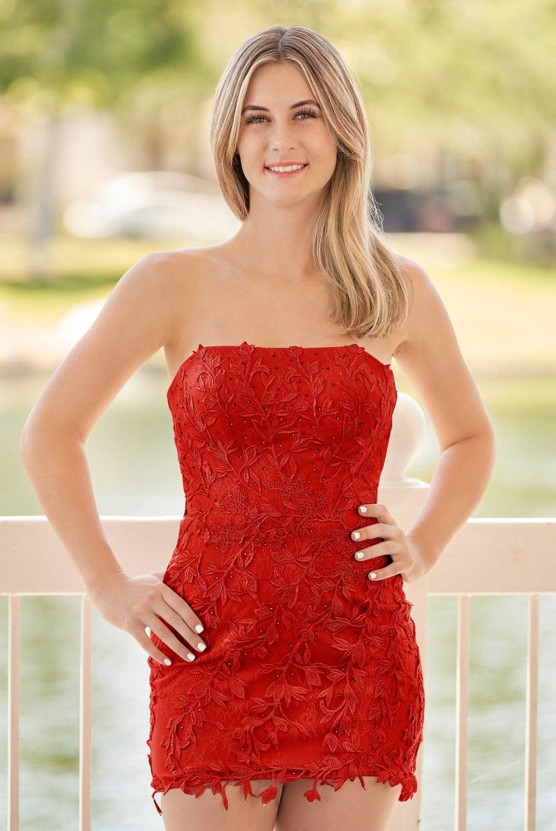 Damaris | Pink Tight Short Lace Homecoming Dress with Appliques - KissProm