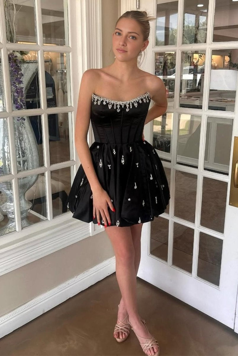 Damiana | Black - A Line Scoop Neck Corset Beaded Short Homecoming Dresses - KissProm