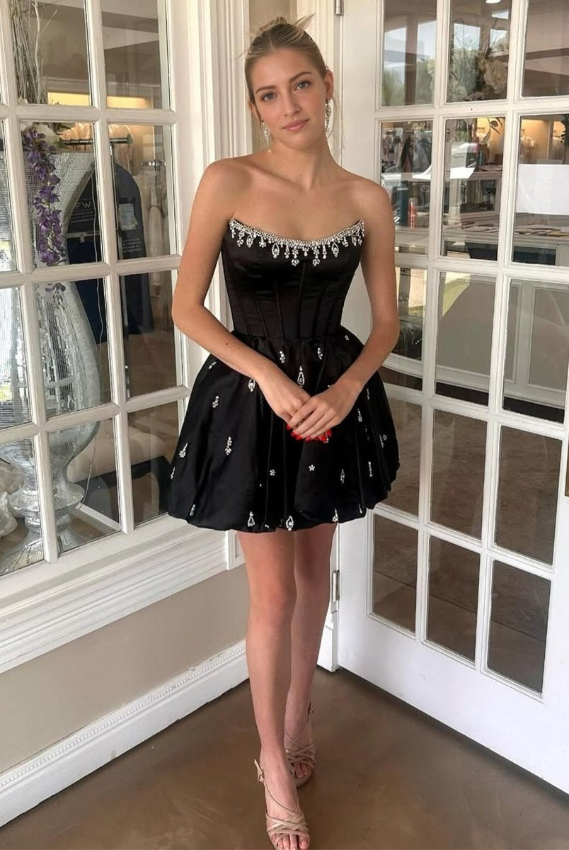 Damiana | Black - A Line Scoop Neck Corset Beaded Short Homecoming Dresses - KissProm