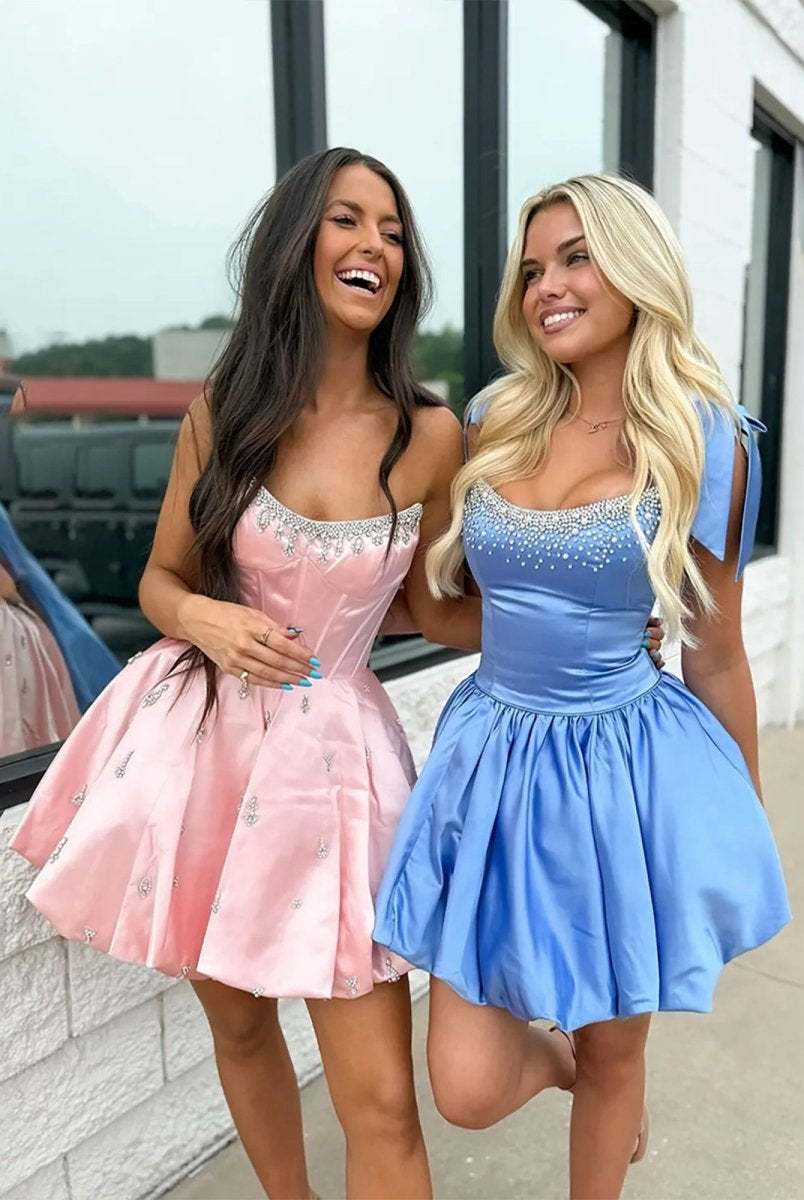 Damiana | Pink - A Line Scoop Neck Corset Beaded Short Homecoming Dresses