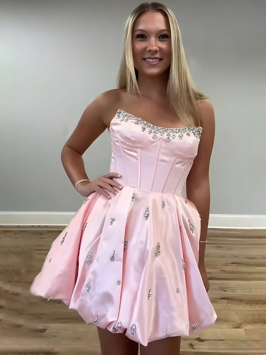 Damiana | Pink - A Line Scoop Neck Corset Beaded Short Homecoming Dresses