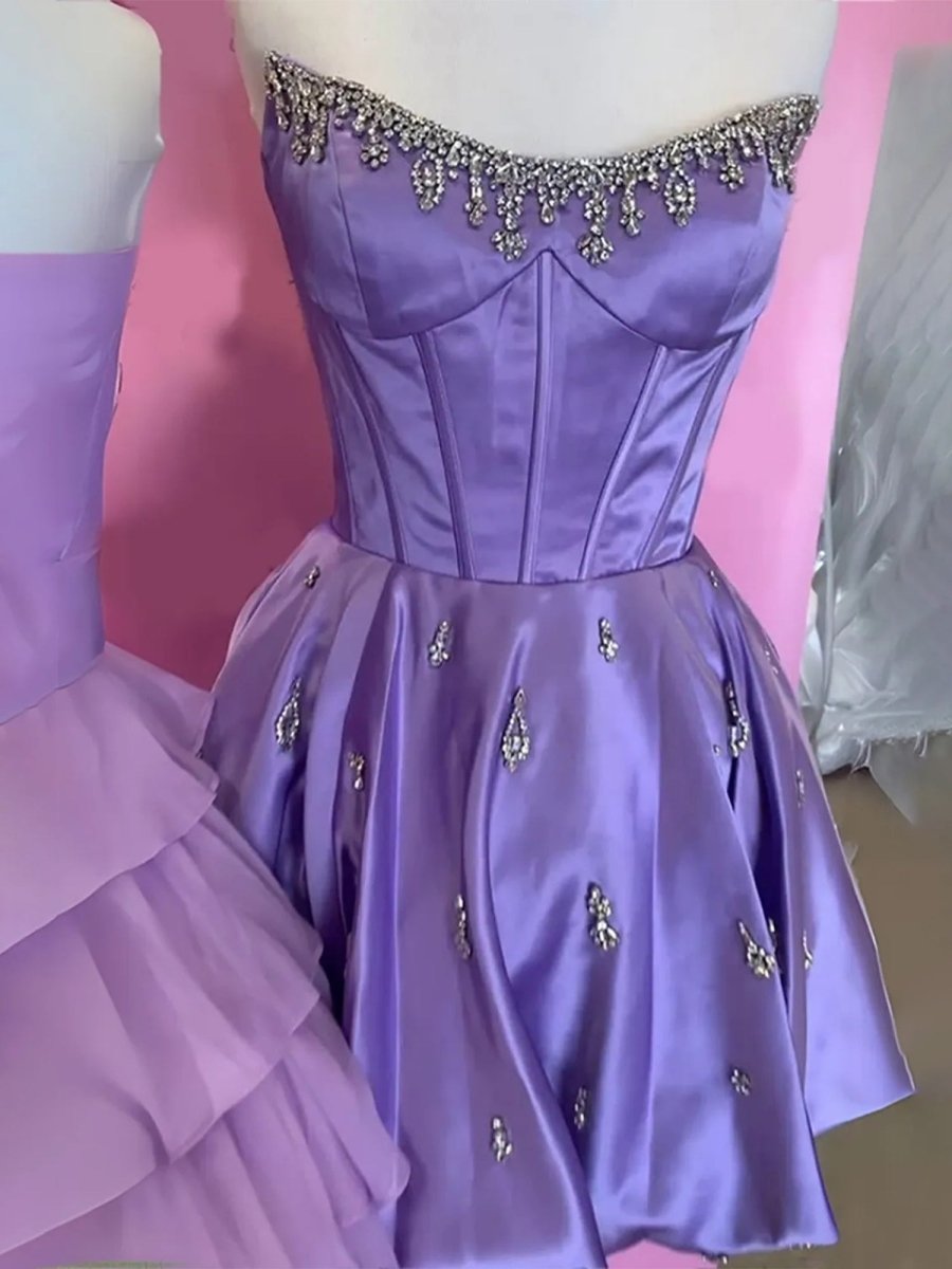 Damiana | Purple - A Line Scoop Neck Corset Beaded Short Homecoming Dresses