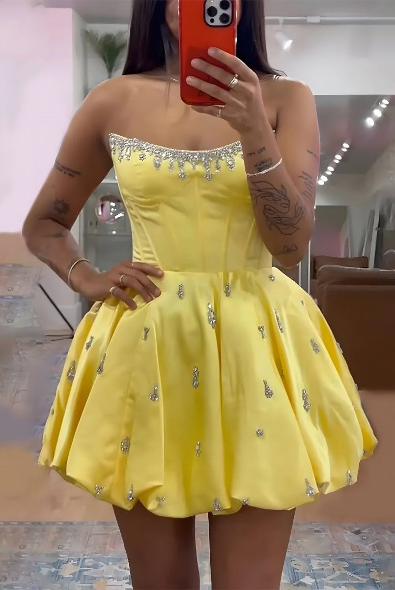 Damiana | Yellow - A Line Scoop Neck Corset Beaded Short Homecoming Dresses