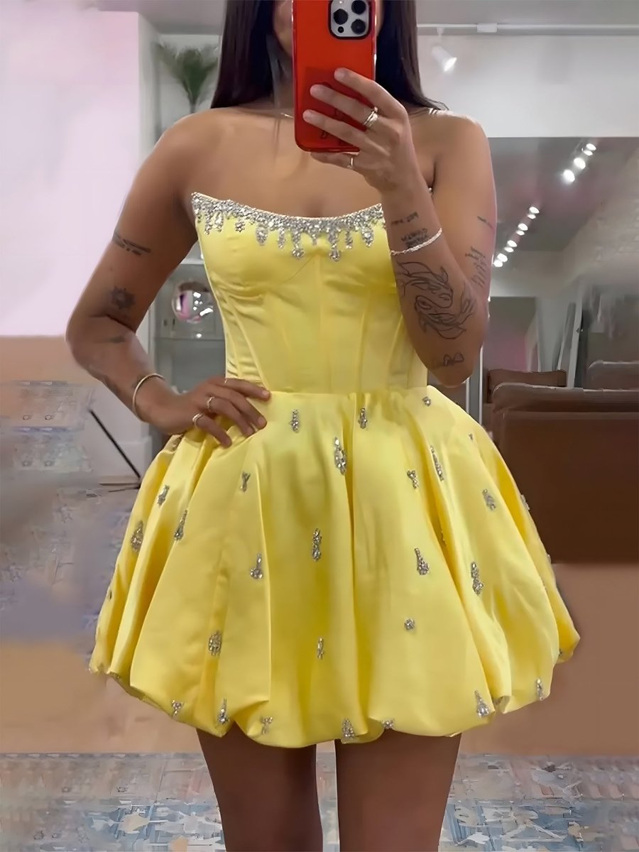 Damiana | Yellow - A Line Scoop Neck Corset Beaded Short Homecoming Dresses