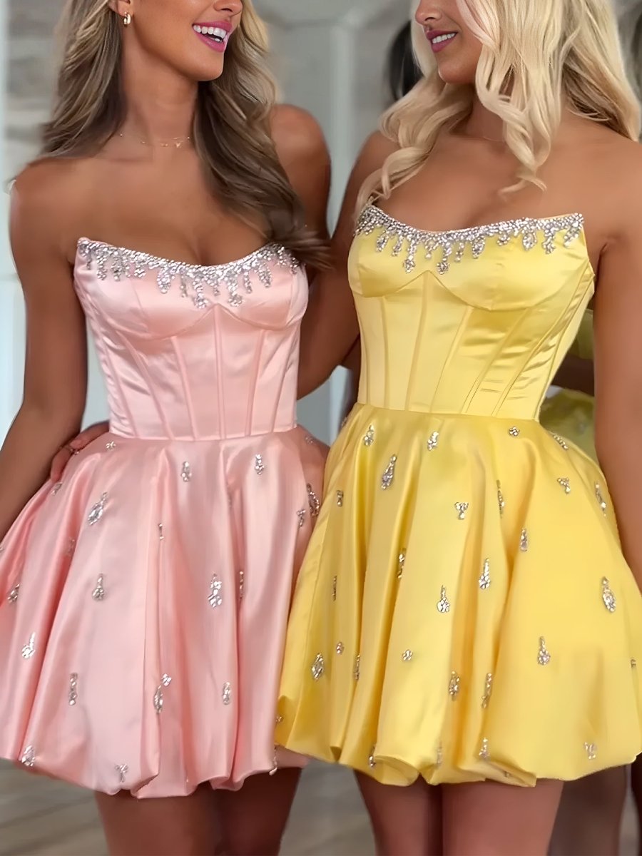 Damiana | Yellow - A Line Scoop Neck Corset Beaded Short Homecoming Dresses