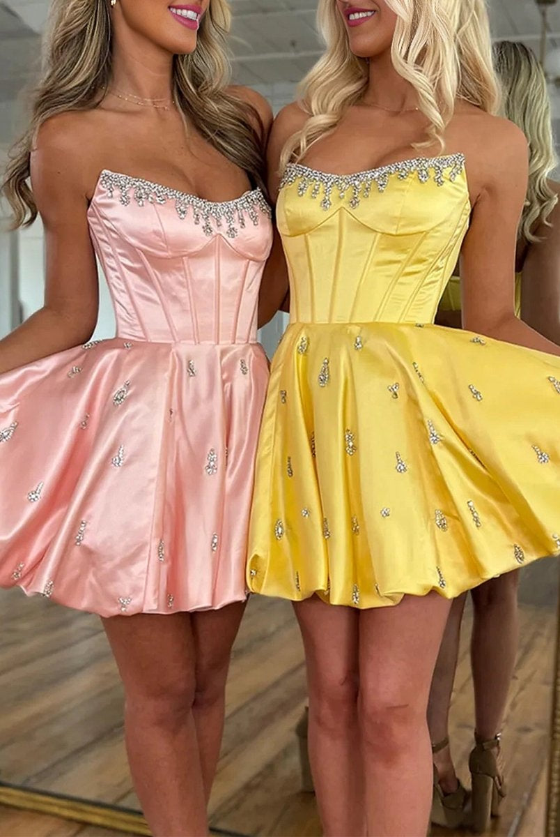 Damiana | Yellow - A Line Scoop Neck Corset Beaded Short Homecoming Dresses