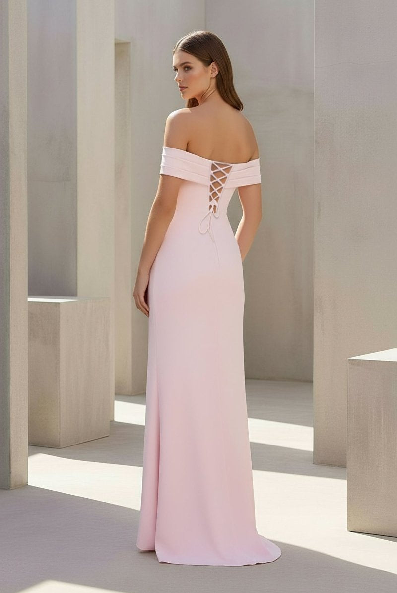 Danyah | Pink - Off The Shoulder Sheath Satin Pleated Long Formal Prom Dresses With Slit - KissProm
