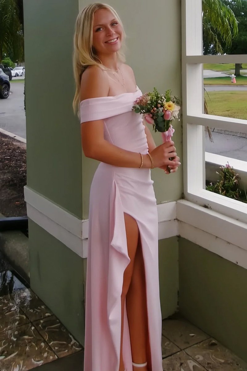 Danyah | Pink - Off The Shoulder Sheath Satin Pleated Long Formal Prom Dresses With Slit - KissProm