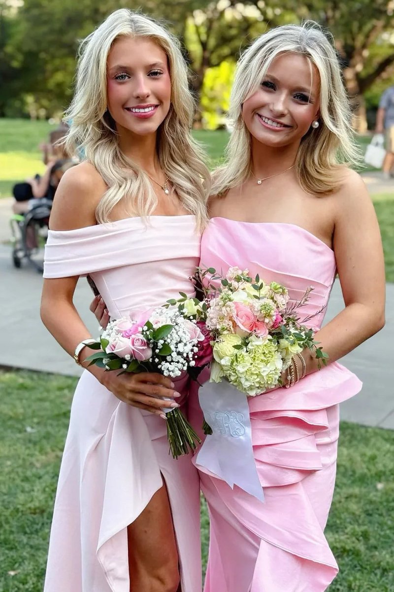 Danyah | Pink - Off The Shoulder Sheath Satin Pleated Long Formal Prom Dresses With Slit - KissProm