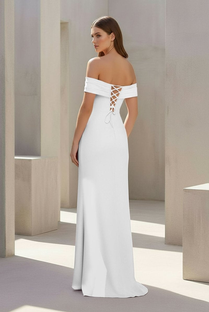 Danyah | Pink - Off The Shoulder Sheath Satin Pleated Long Formal Prom Dresses With Slit - KissProm