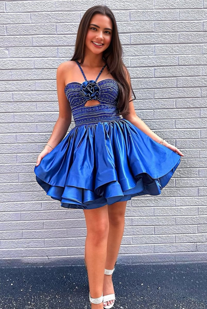 Darcelle | Royal Blue - Halter A Line Satin Beaded Homecoming Dresses With Flower