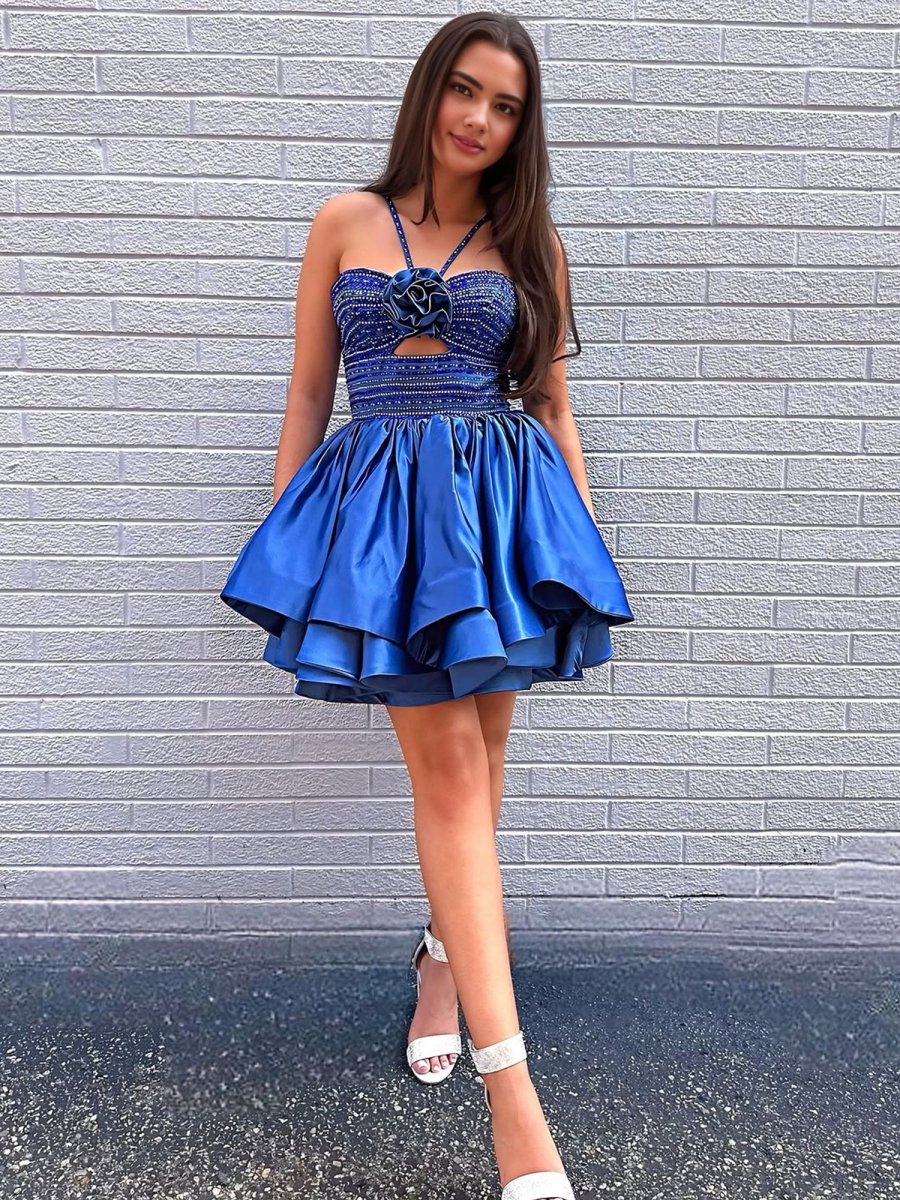 Darcelle | Royal Blue - Halter A Line Satin Beaded Homecoming Dresses With Flower