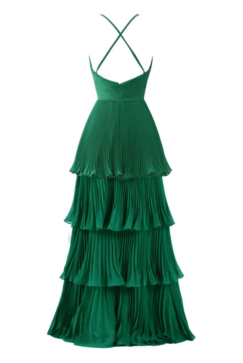 Dark Green A-Line Tiered Floor Length Chiffon Bridesmaid Dress