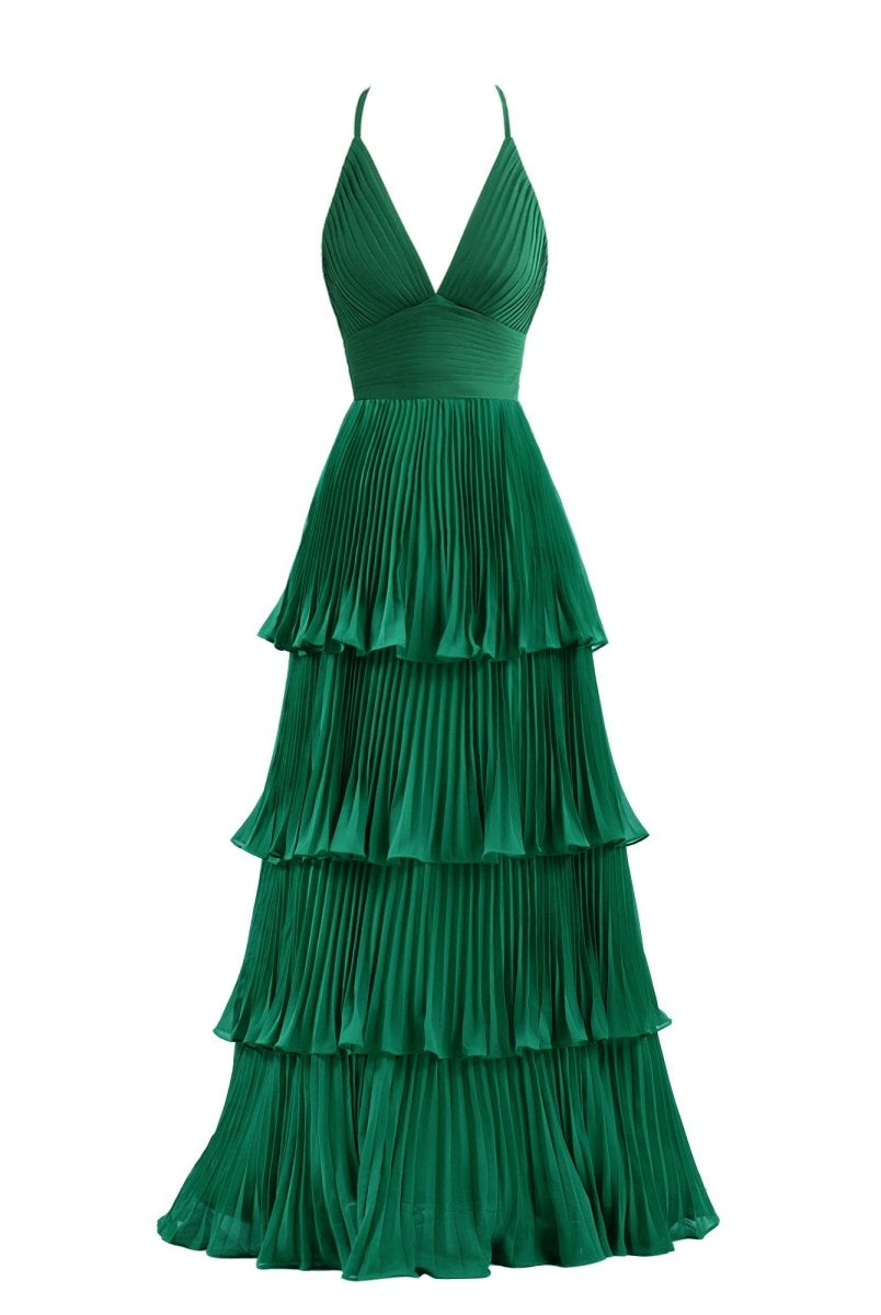 Dark Green A-Line Tiered Floor Length Chiffon Bridesmaid Dress