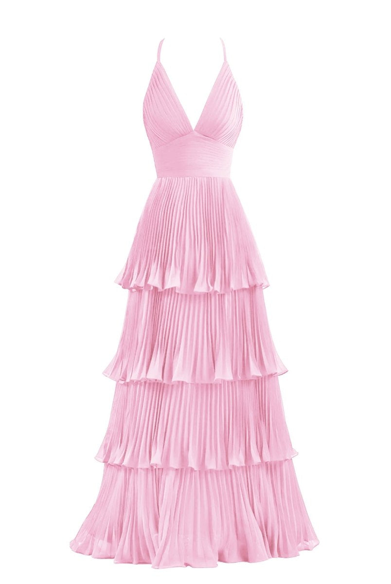 Dark Green A-Line Tiered Floor Length Chiffon Bridesmaid Dress