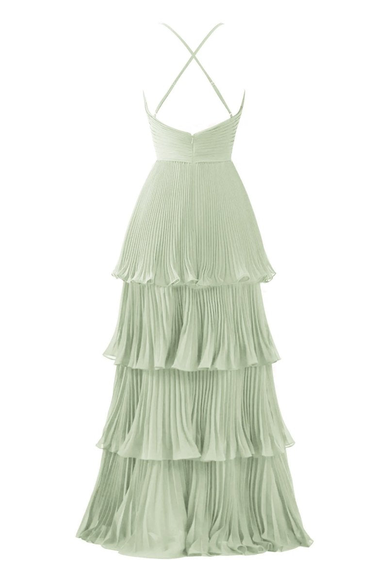 Dark Green A-Line Tiered Floor Length Chiffon Bridesmaid Dress