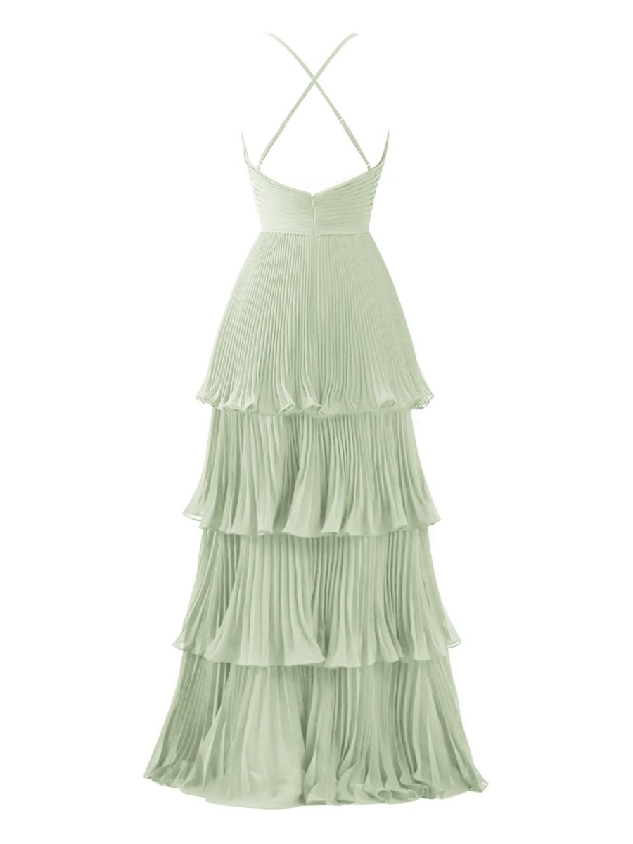 Dark Green A-Line Tiered Floor Length Chiffon Bridesmaid Dress
