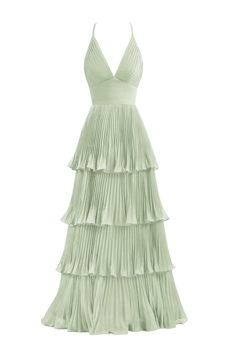Dark Green A-Line Tiered Floor Length Chiffon Bridesmaid Dress