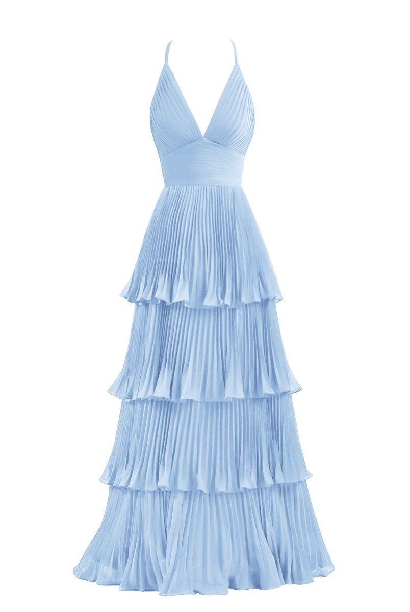 Dark Green A-Line Tiered Floor Length Chiffon Bridesmaid Dress