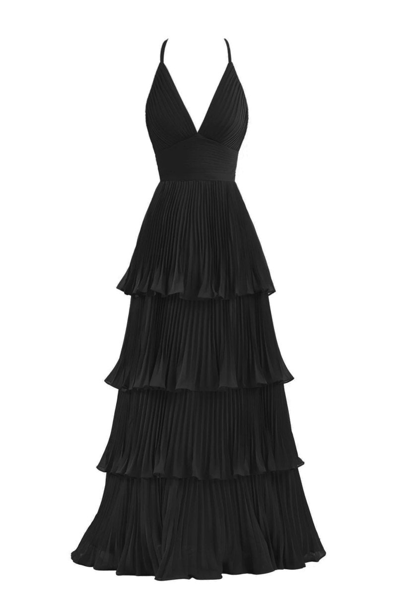 Dark Green A-Line Tiered Floor Length Chiffon Bridesmaid Dress