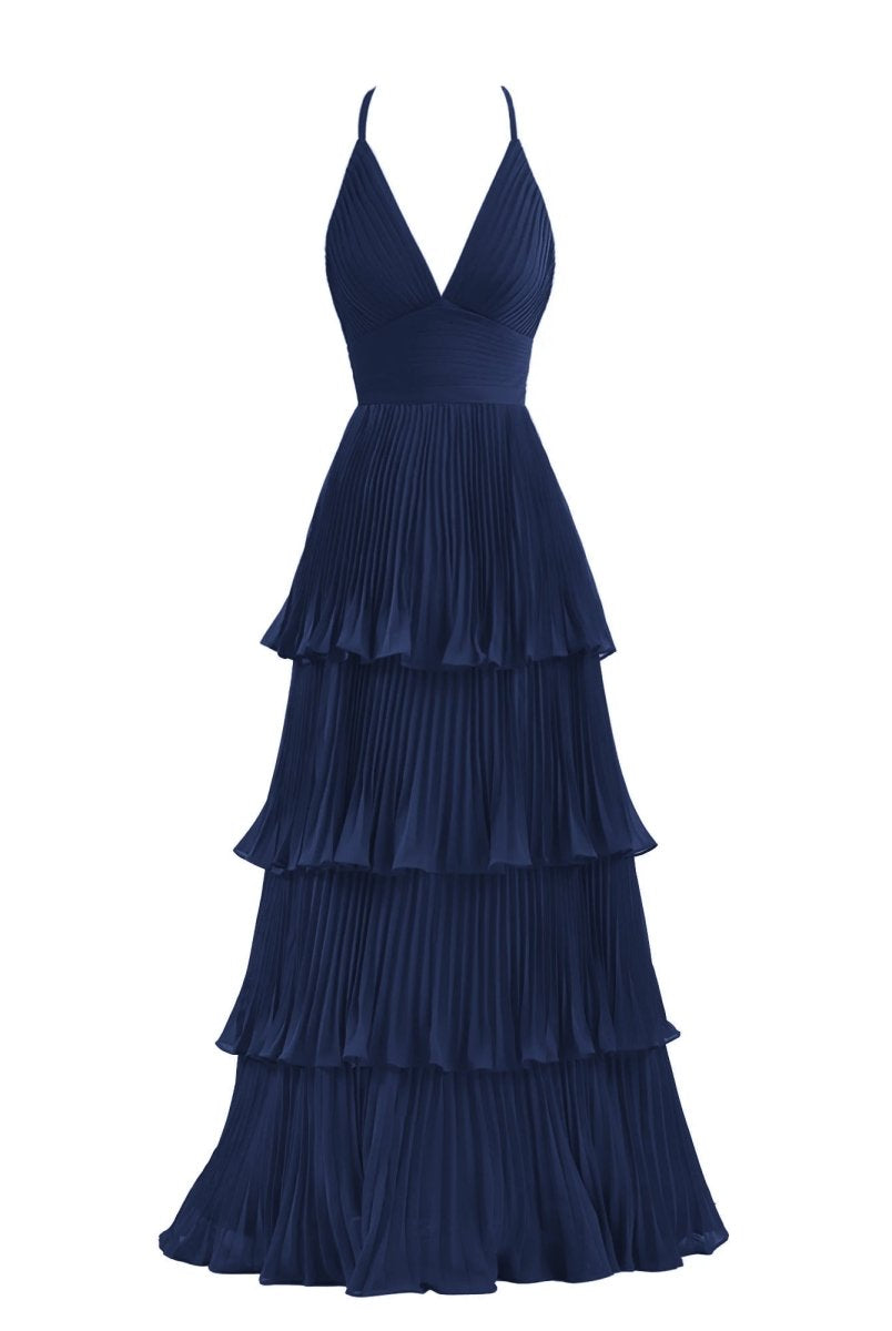 Dark Green A-Line Tiered Floor Length Chiffon Bridesmaid Dress