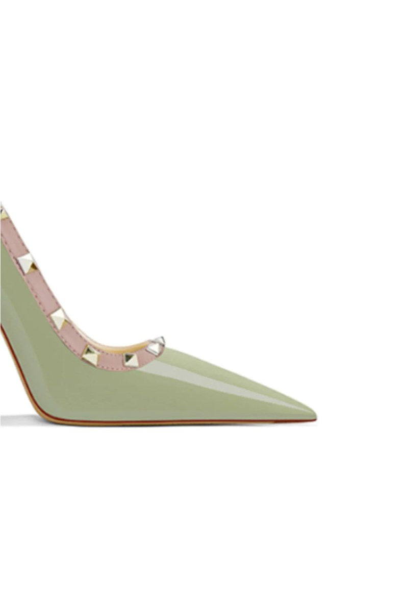 Dark Green Studded Mid Heel Pumps - KissProm