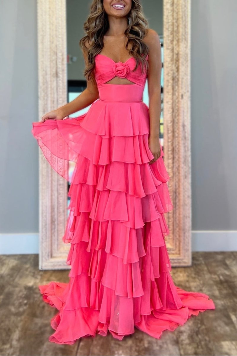 Kissprom-Darlin Coral A-Line Strapless V-Neck Layered Chiffon Sleeveless Formal Prom Dress