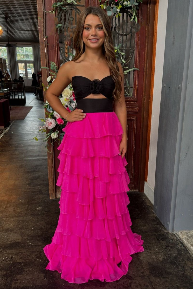 Kissprom-Darlin Black-Fuchsia A-Line Strapless V-Neck Layered Chiffon Sleeveless Formal Prom Dress