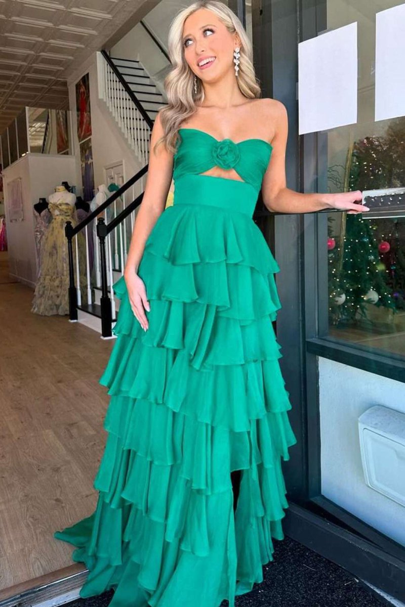 Kissprom-Darlin Green A-Line Strapless V-Neck Layered Chiffon Sleeveless Formal Prom Dress