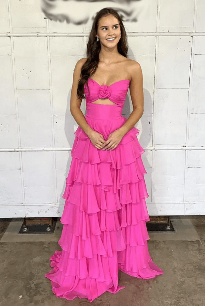 Kissprom-Darlin Fuchsia A-Line Strapless V-Neck Layered Chiffon Sleeveless Formal Prom Dress