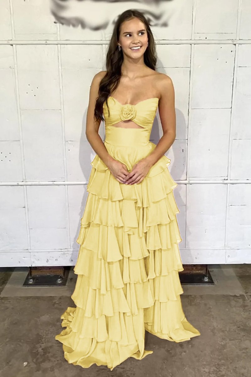 Kissprom-Darlin Yellow A-Line Strapless V-Neck Layered Chiffon Sleeveless Formal Prom Dress