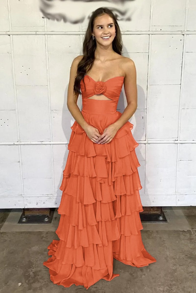 Kissprom-Darlin Orange A-Line Strapless V-Neck Layered Chiffon Sleeveless Formal Prom Dress