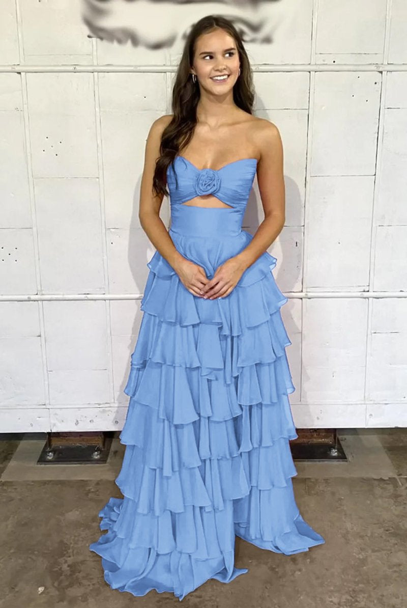 Kissprom-Darlin Sky Blue A-Line Strapless V-Neck Layered Chiffon Sleeveless Formal Prom Dress