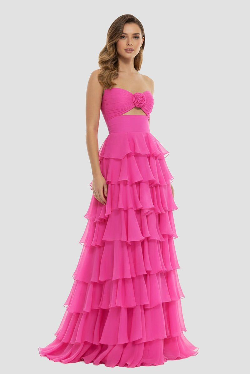 Kissprom-Darlin Fuchsia A-Line Strapless V-Neck Layered Chiffon Sleeveless Formal Prom Dress