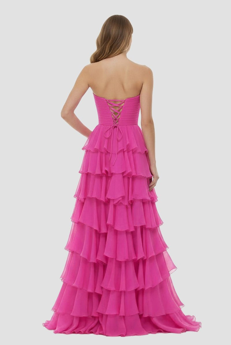 Kissprom-Darlin Fuchsia A-Line Strapless V-Neck Layered Chiffon Sleeveless Formal Prom Dress