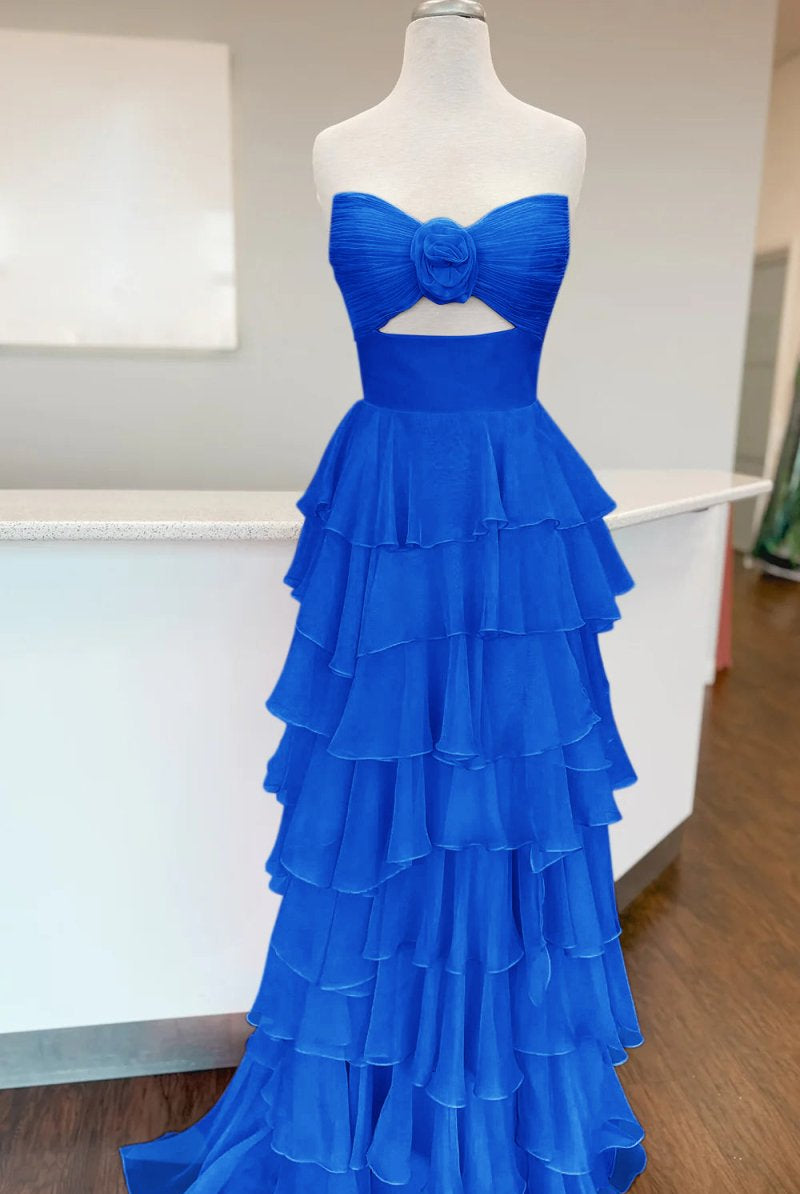 Kissprom-Darlin Royal Blue A-Line Strapless V-Neck Layered Chiffon Sleeveless Formal Prom Dress
