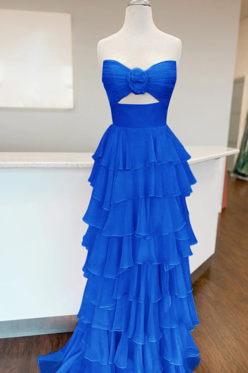 Kissprom-Darlin Royal Blue A-Line Strapless V-Neck Layered Chiffon Sleeveless Formal Prom Dress