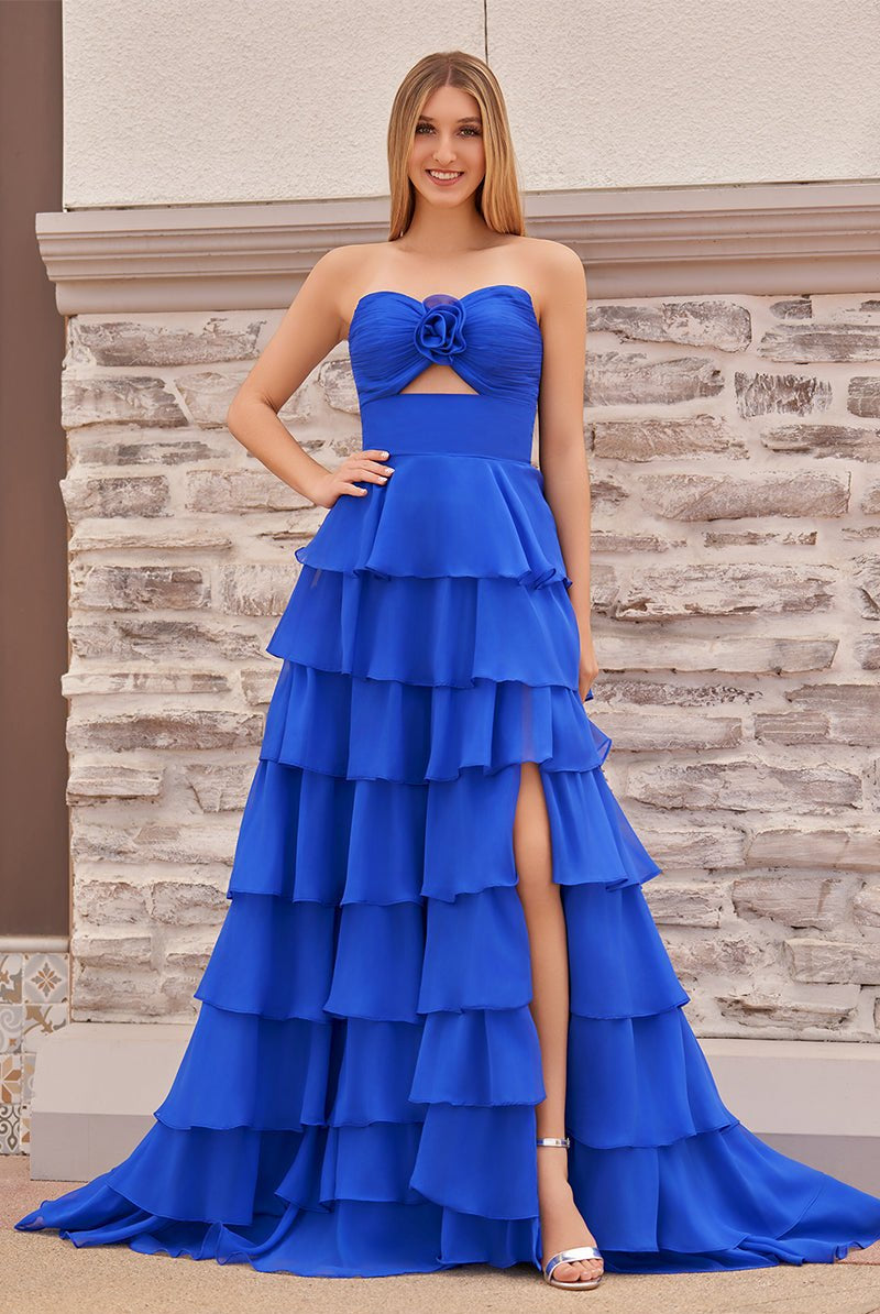 Kissprom-Darlin Royal Blue A-Line Strapless V-Neck Layered Chiffon Sleeveless Formal Prom Dress