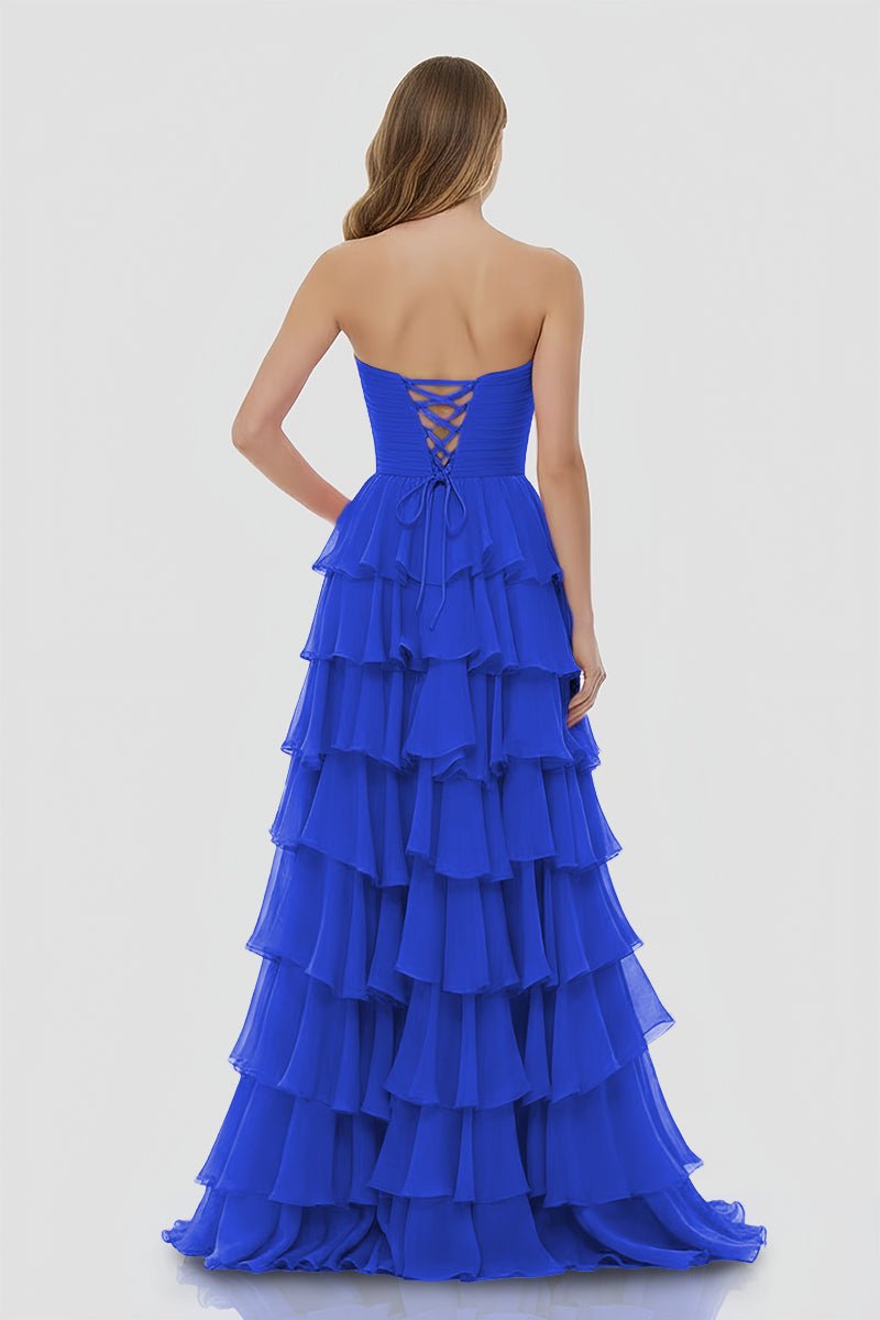 Darlin | A - Line Strapless V - Neck Layered Chiffon Sleeveless Formal Prom Dress - KissProm